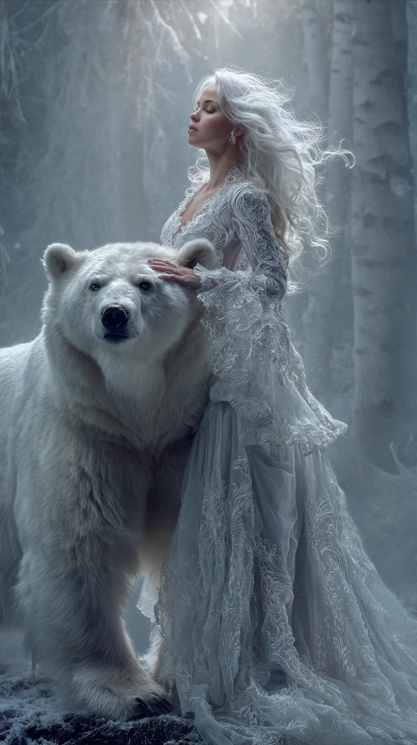 Mulher mística e urso polar em floresta de inverno encantada