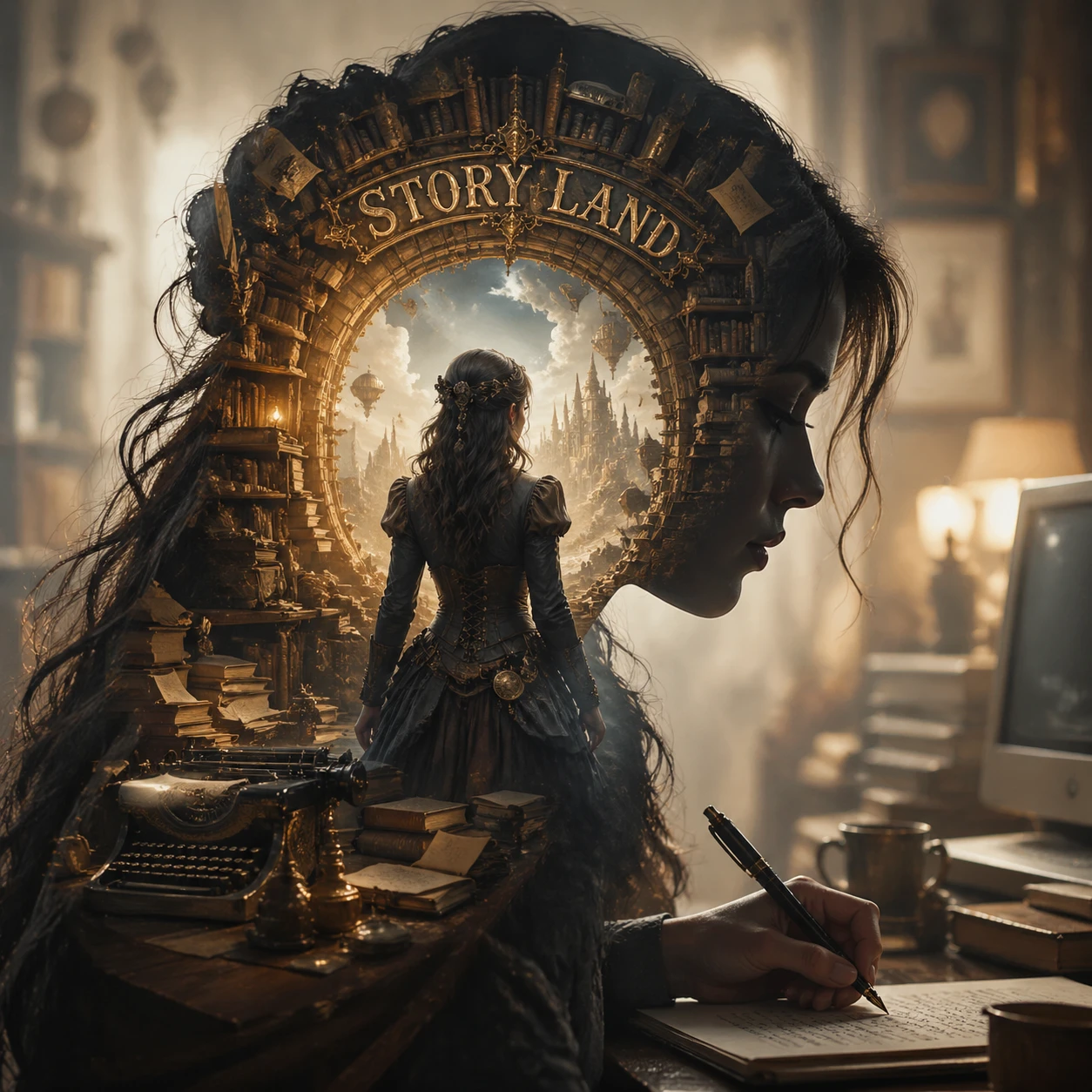 Woman Writing At Desk In Dreamy Double Exposure Profile