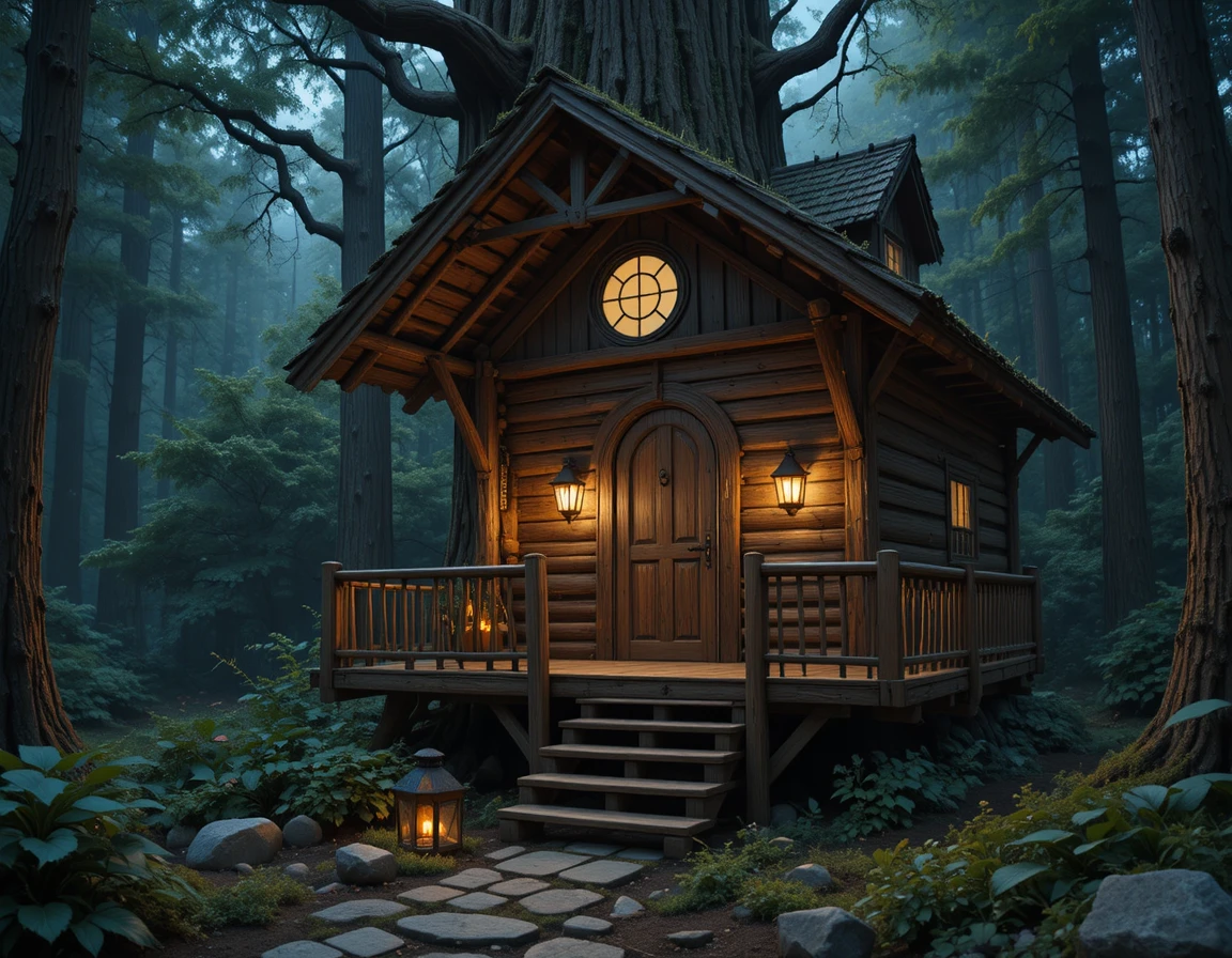 Rustikaler Holz-Baumhaus-Balkon in einer ruhigen Waldnacht