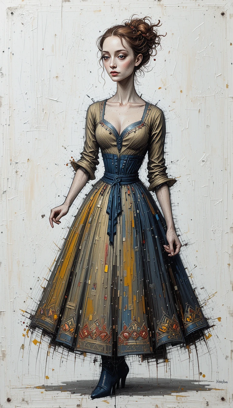 Naive Impasto-Malerei eines Mädchens in einem alten Kleid
