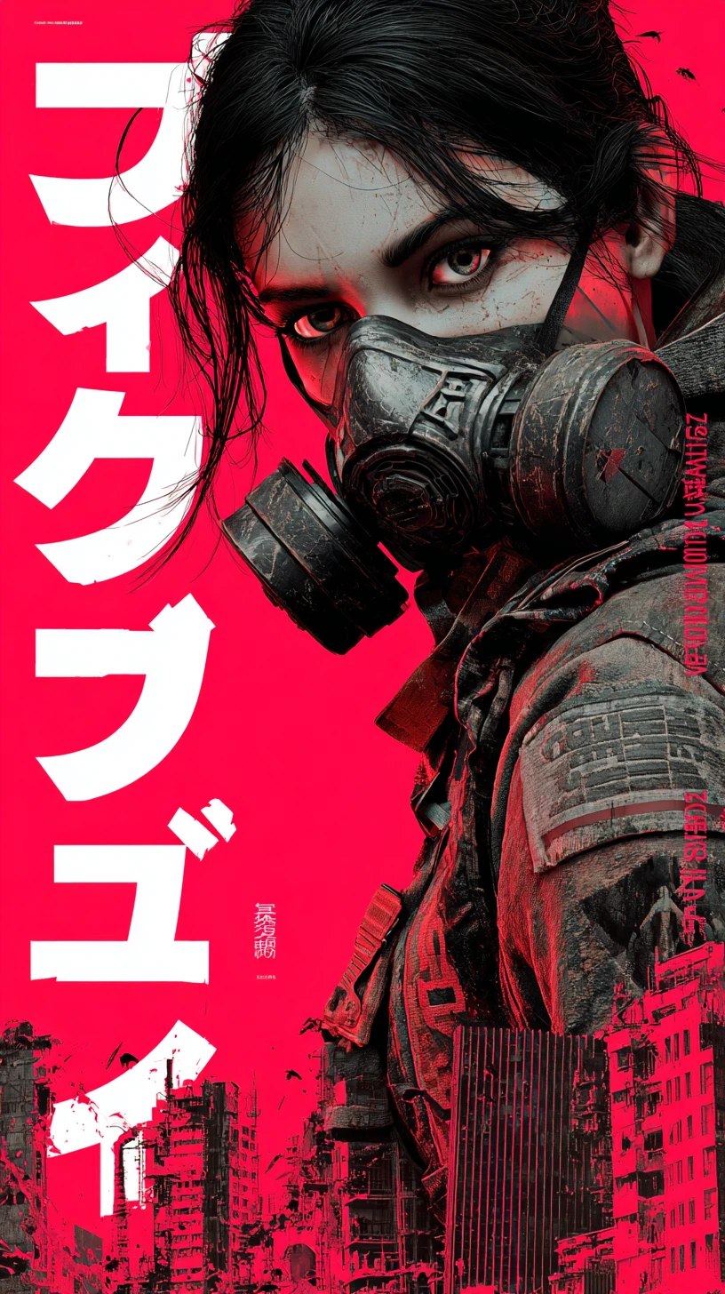 Femme cyberpunk masquée dans un paysage urbain rouge en ruines