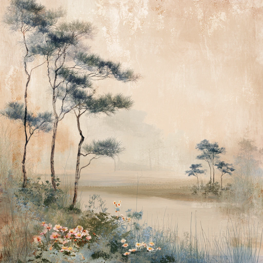 Stille neblige Landschaft mit flüsternden Bäumen und Blumen