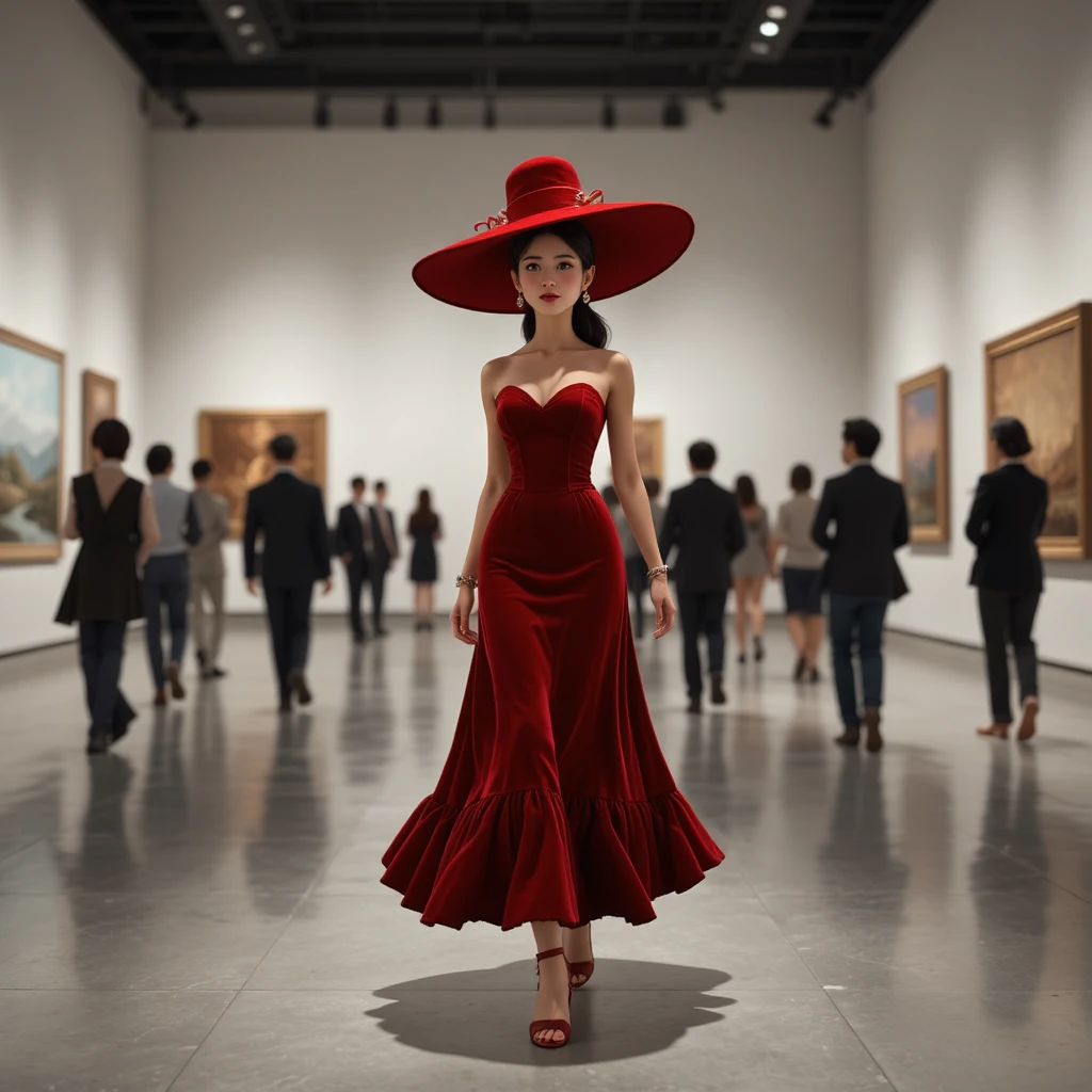 Femme confiante en couture rouge marchant dans une galerie d’art