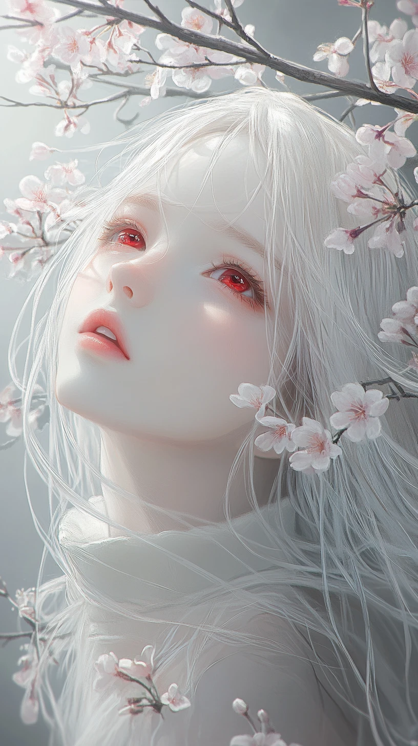 櫻花與發光紅眼的動漫少女