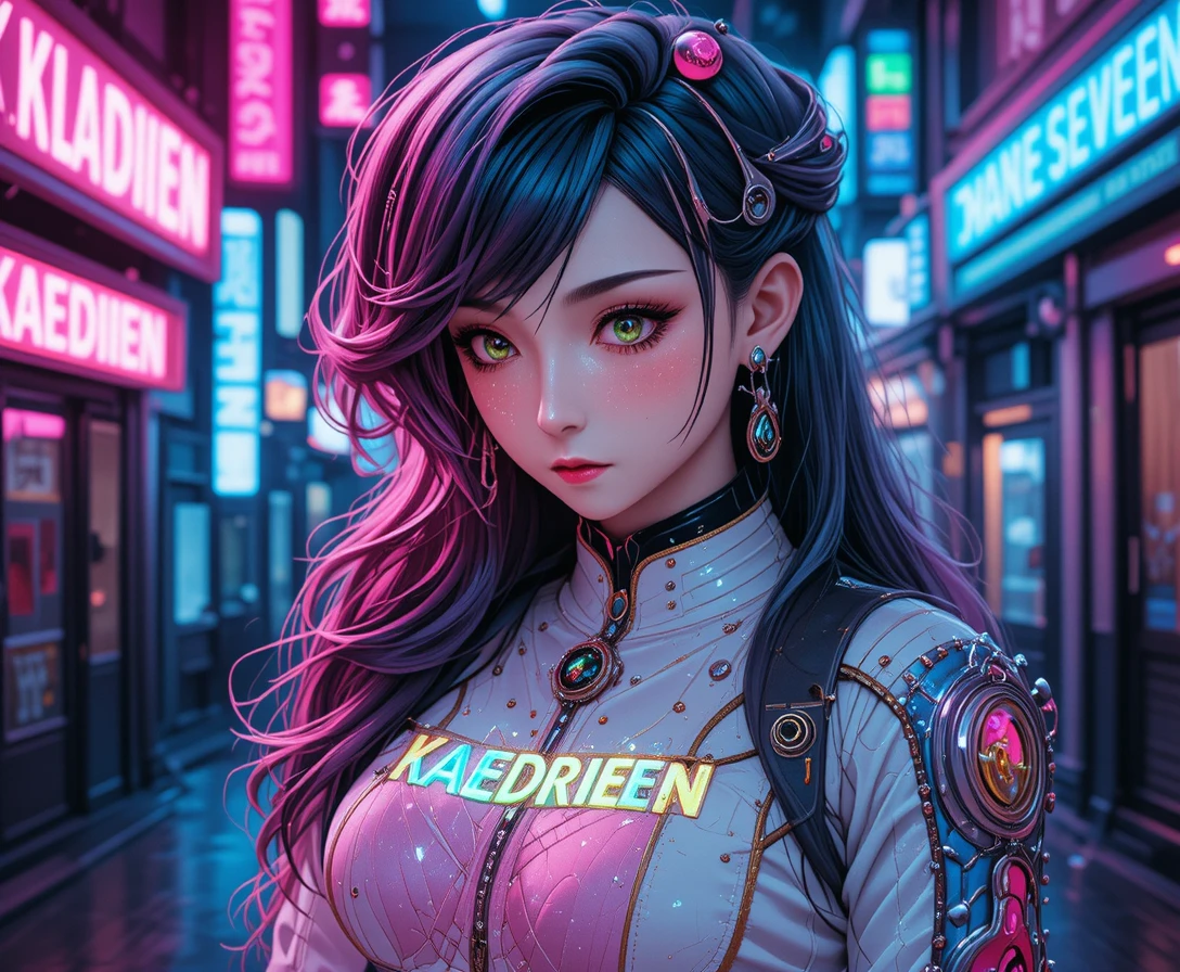 Anime girl in cyberpunk jacket under neon city lights