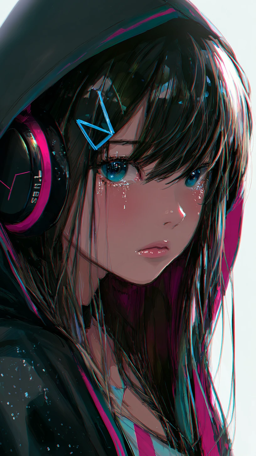 Chica de anime triste con auriculares en retrato dramático en primer plano