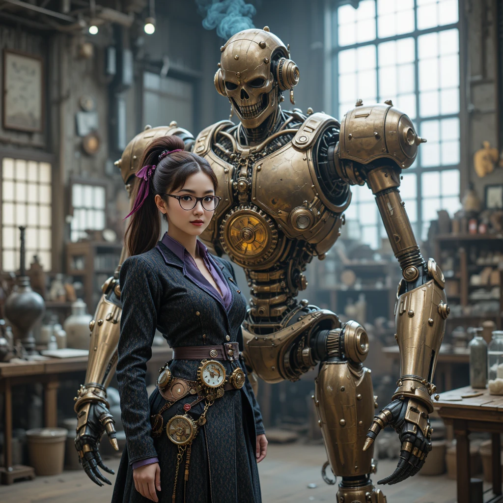 Korean artificer with clockwork golem in steampunk workshop