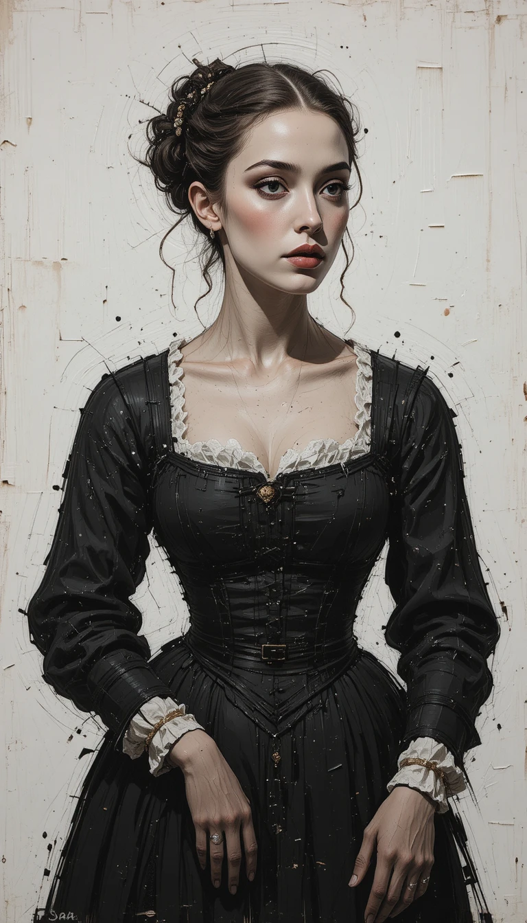 Pittura naïf a impasto di una ragazza con un vestito antico