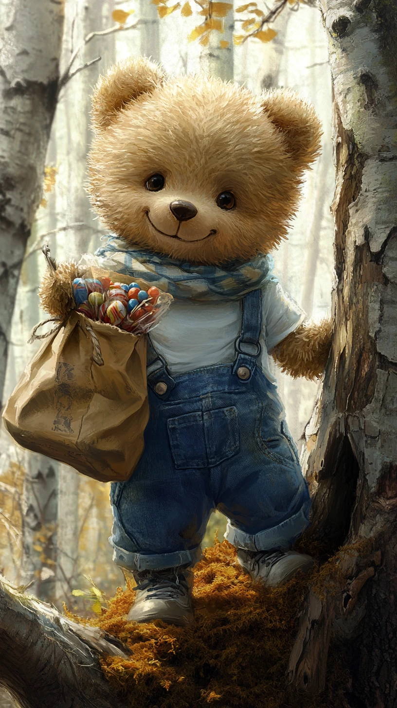 Urso de Pelúcia Sorridente com Doces em uma Floresta de Bétulas