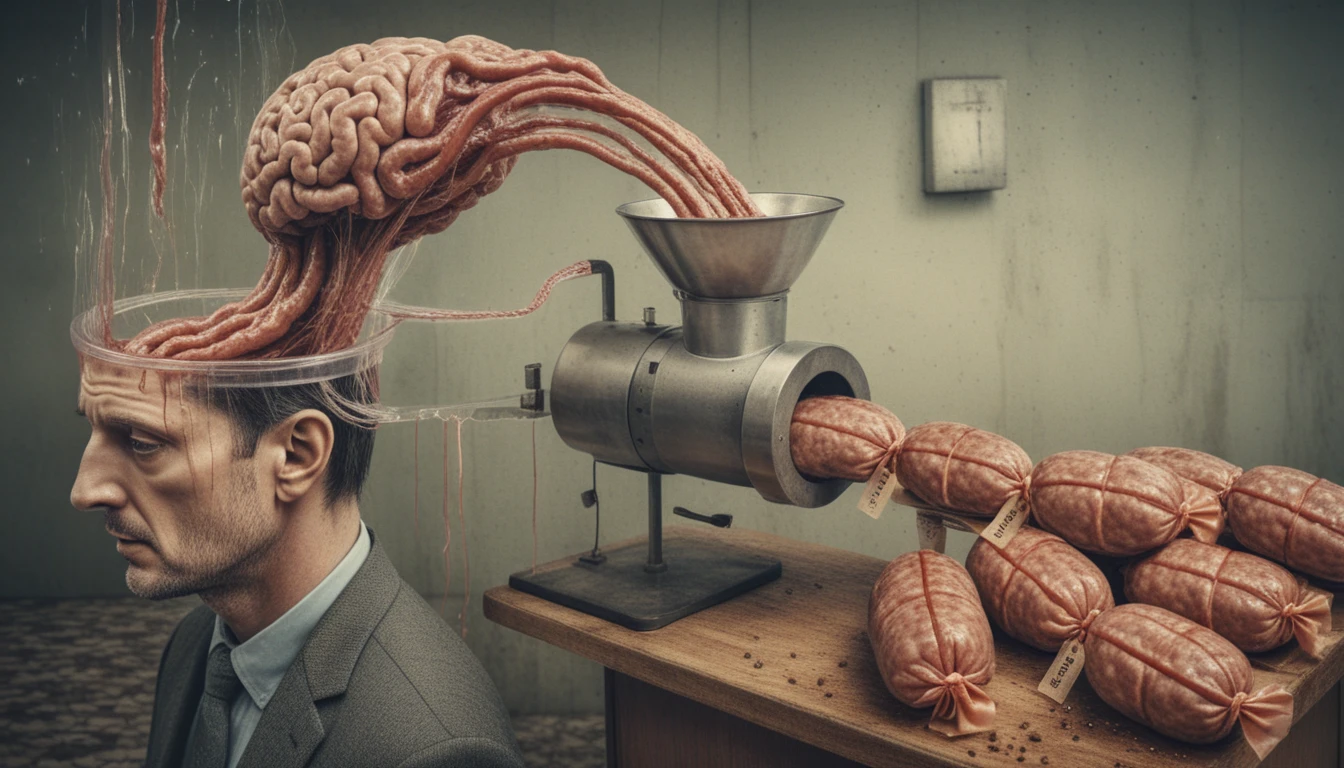 Surreal verschüttetes Gehirn in einem mechanischen Wurstfüller