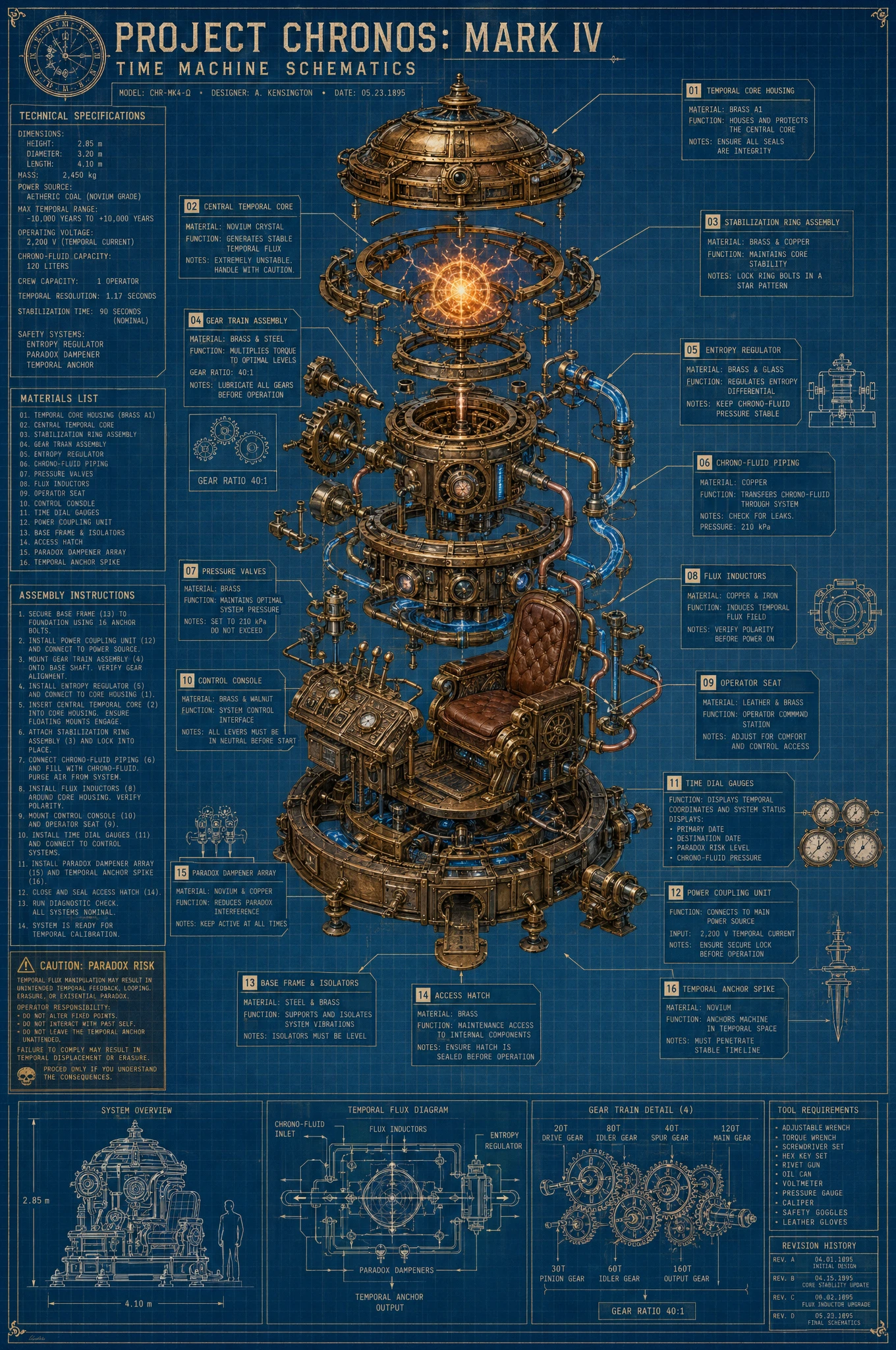 Pôster Blueprint Técnico em Vista Explodida de Máquina do Tempo Steampunk