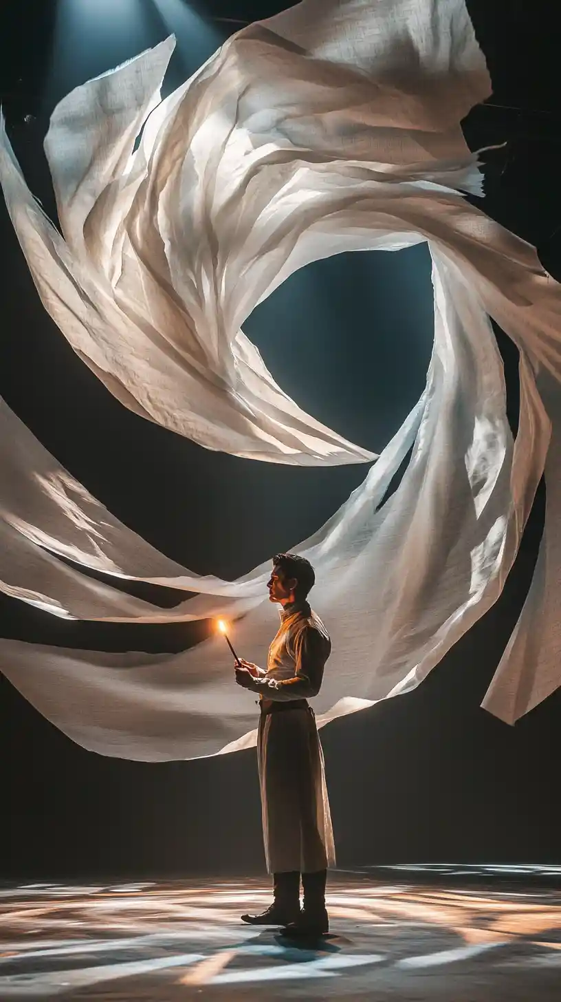 Actor with glowing quill on dramatic theater stage