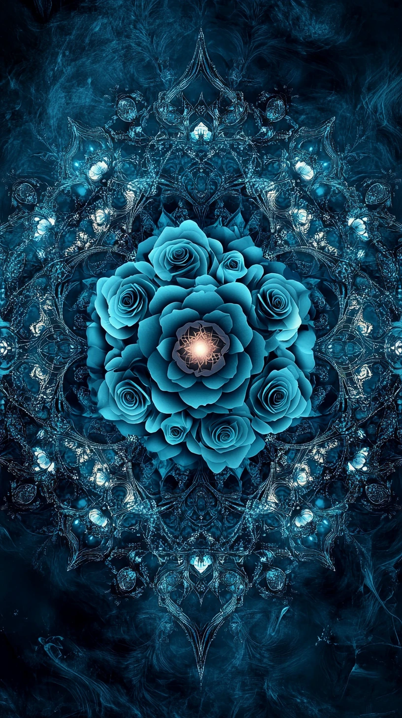 Mandala de roses sarcelle avec symétrie gothique ornementale