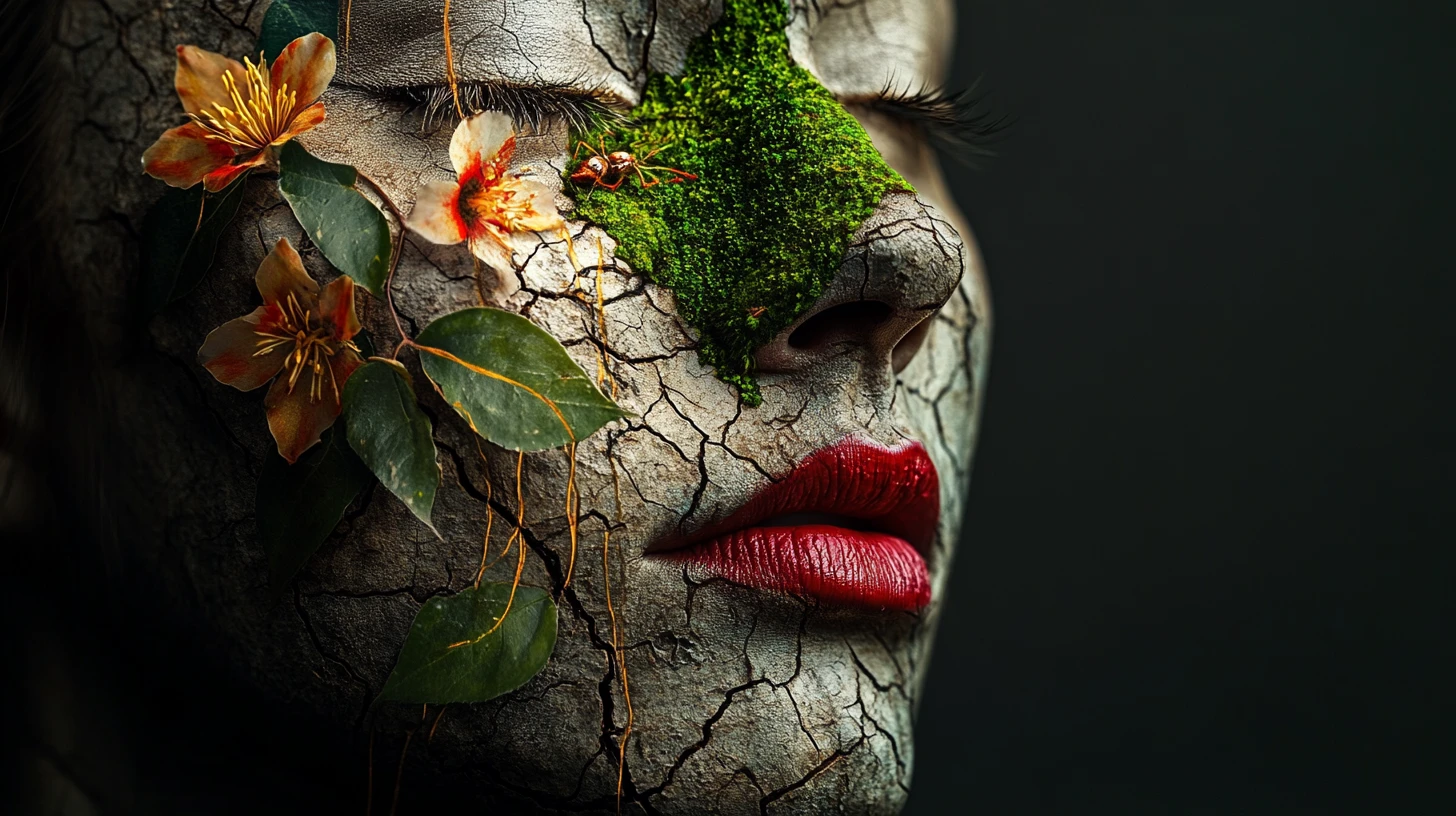 Retrato surreal de rosto duplo com contraste entre natureza e decadência