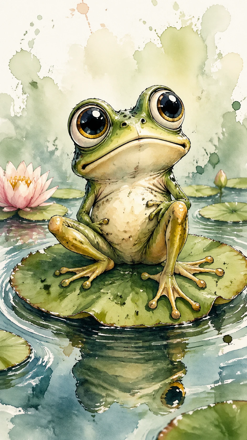 Sapo brincalhão de olhos grandes em um lírio-d’água em aquarela