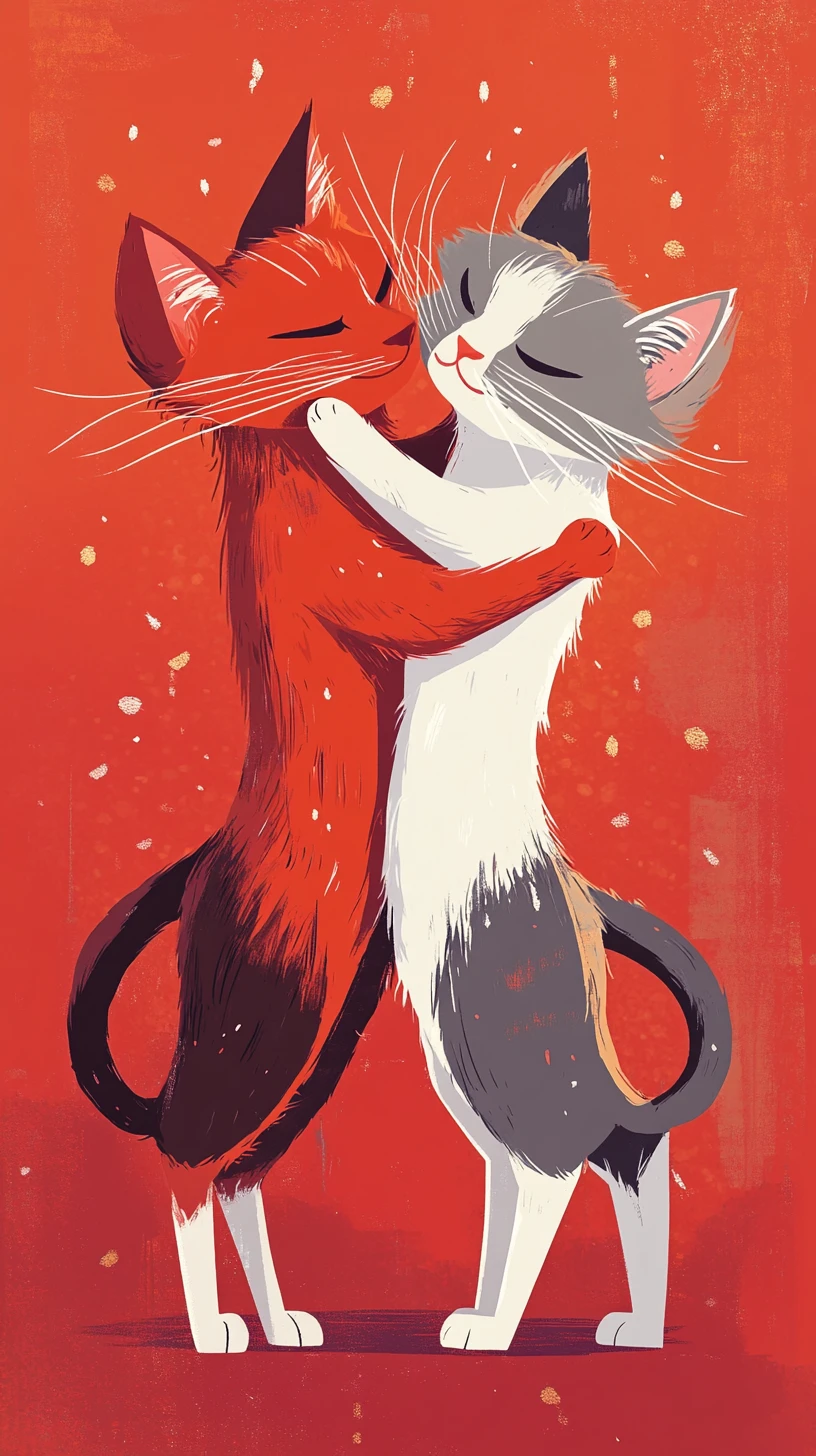 Deux chats de dessin animé qui s’enlacent et dansent sur un fond rouge à pois