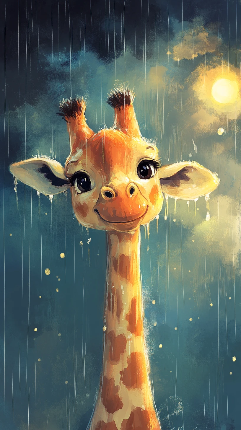 Chibi-Giraffe steht im Regen im leuchtenden Sonnenlicht