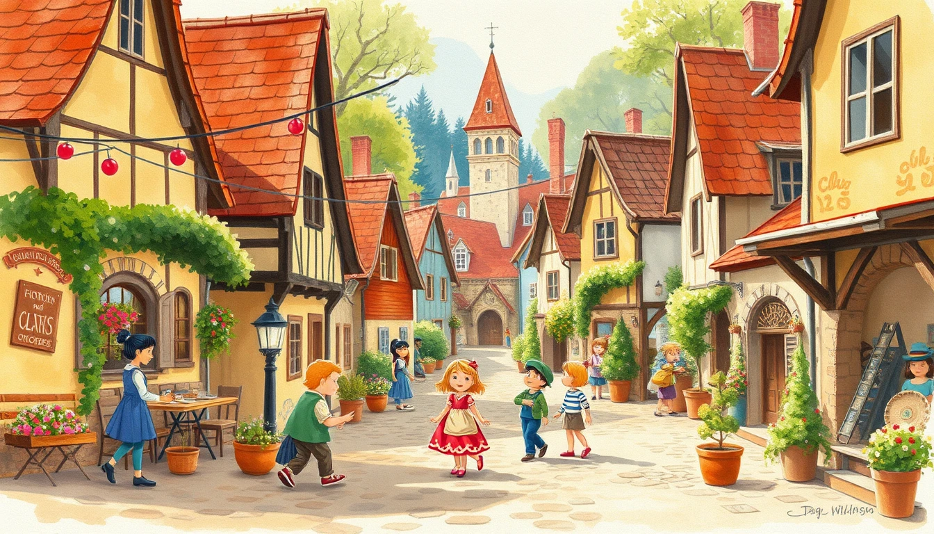 あたたかな古い村の通りの遊び心あふれる水彩イラスト