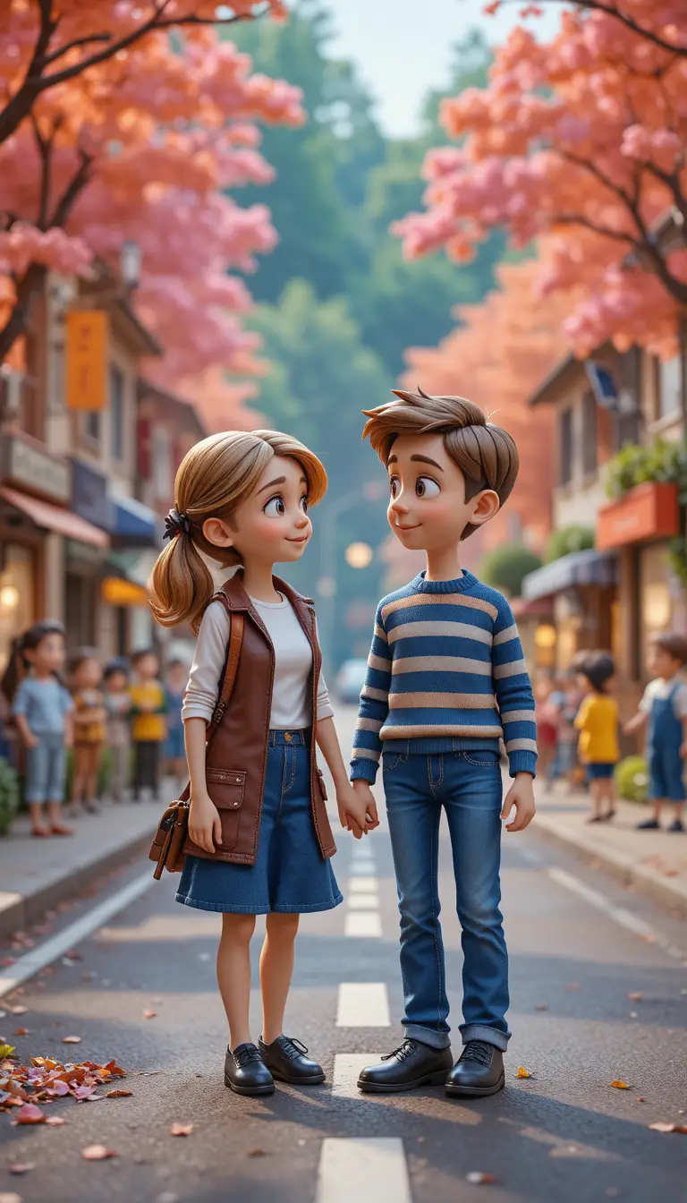 Tall girl and small boy friends on a cozy city street
