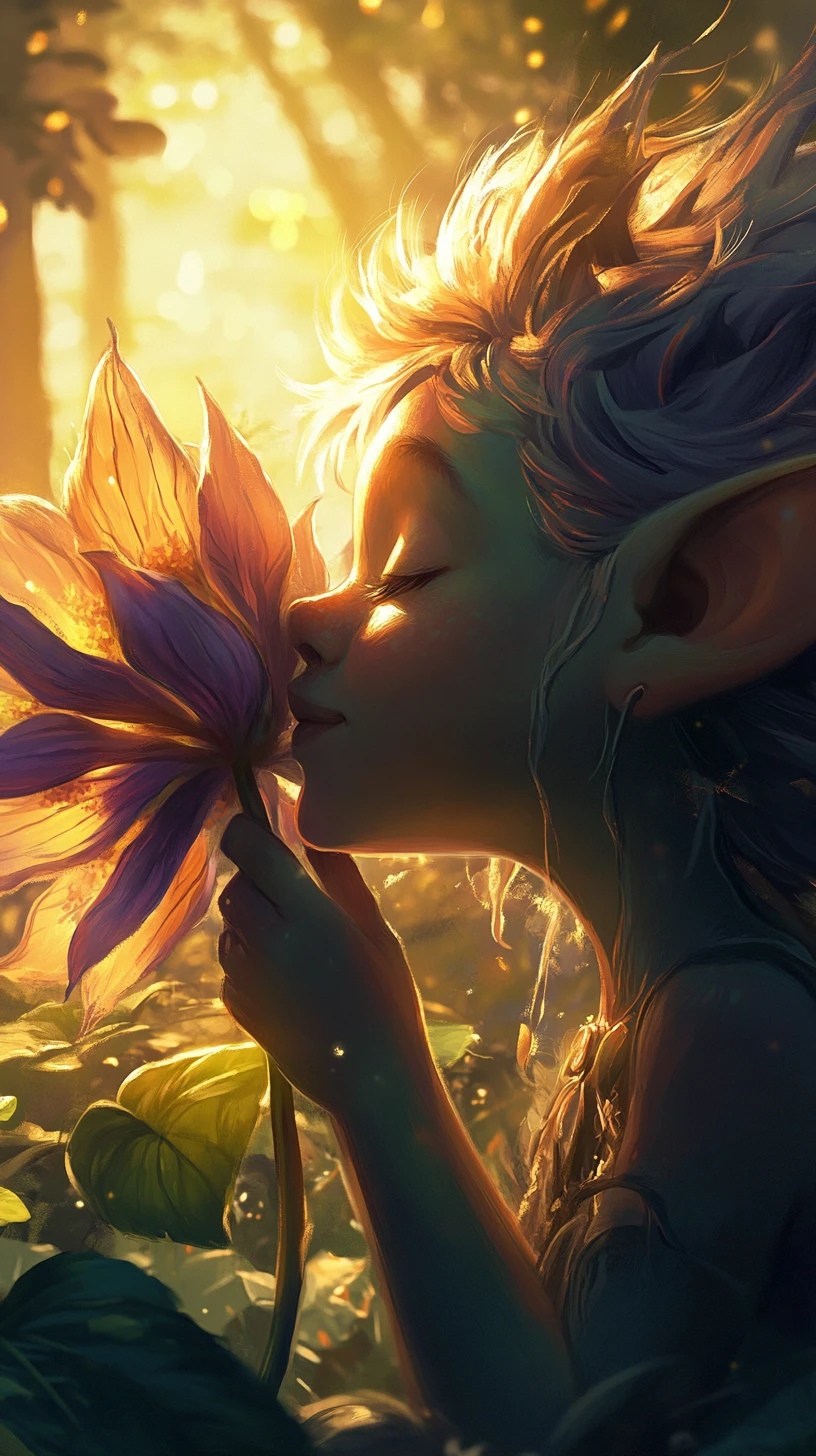 Jovem troll descansando contra uma flor brilhante da floresta