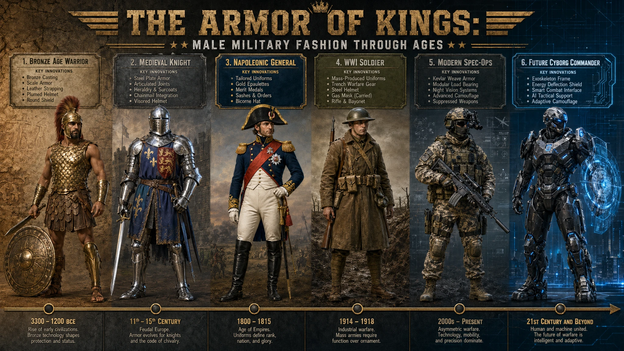 Infográfico de Estilos de Armaduras Militares Masculinas ao Longo das Eras Históricas