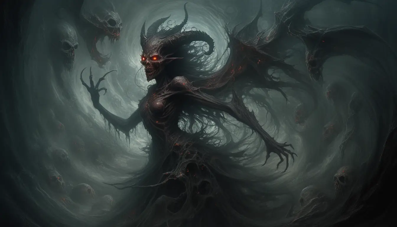 Figura demoniaca in un vortice di anime torturate