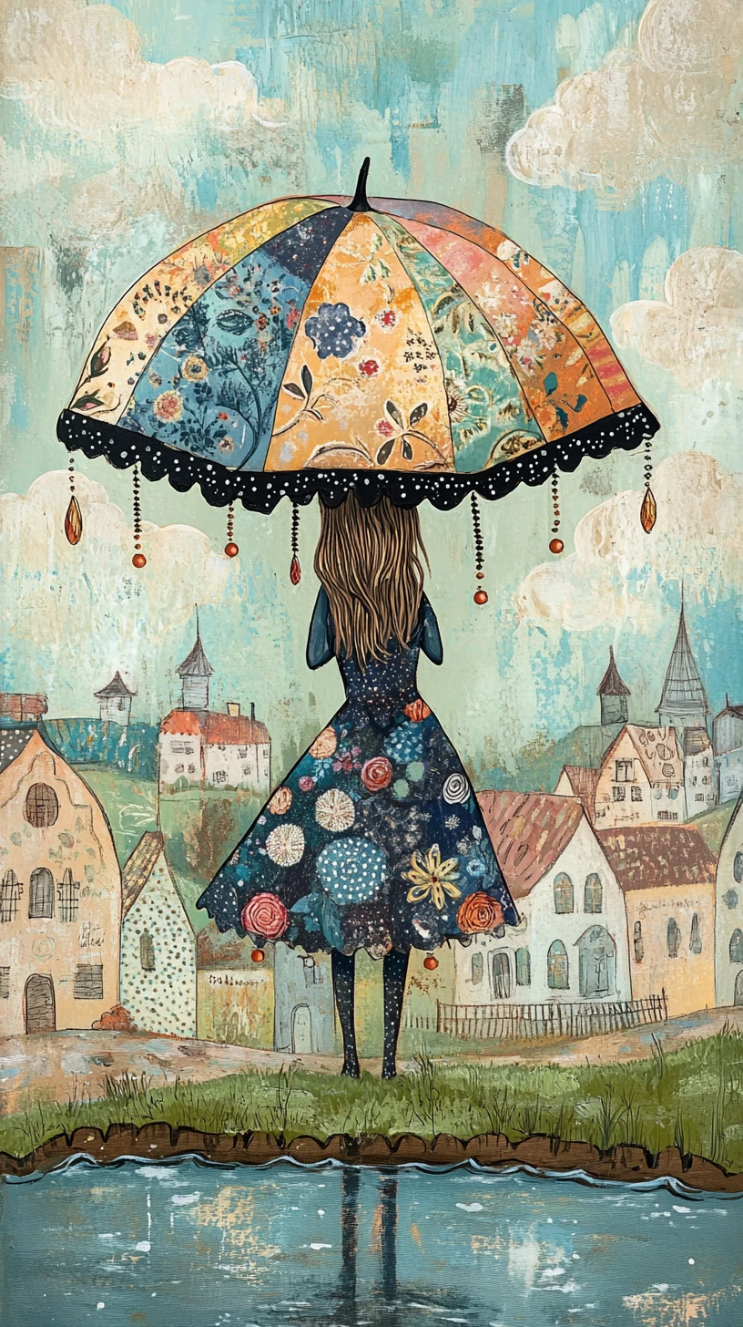 Fille en art folklorique sous un parapluie patchwork au bord de l’eau