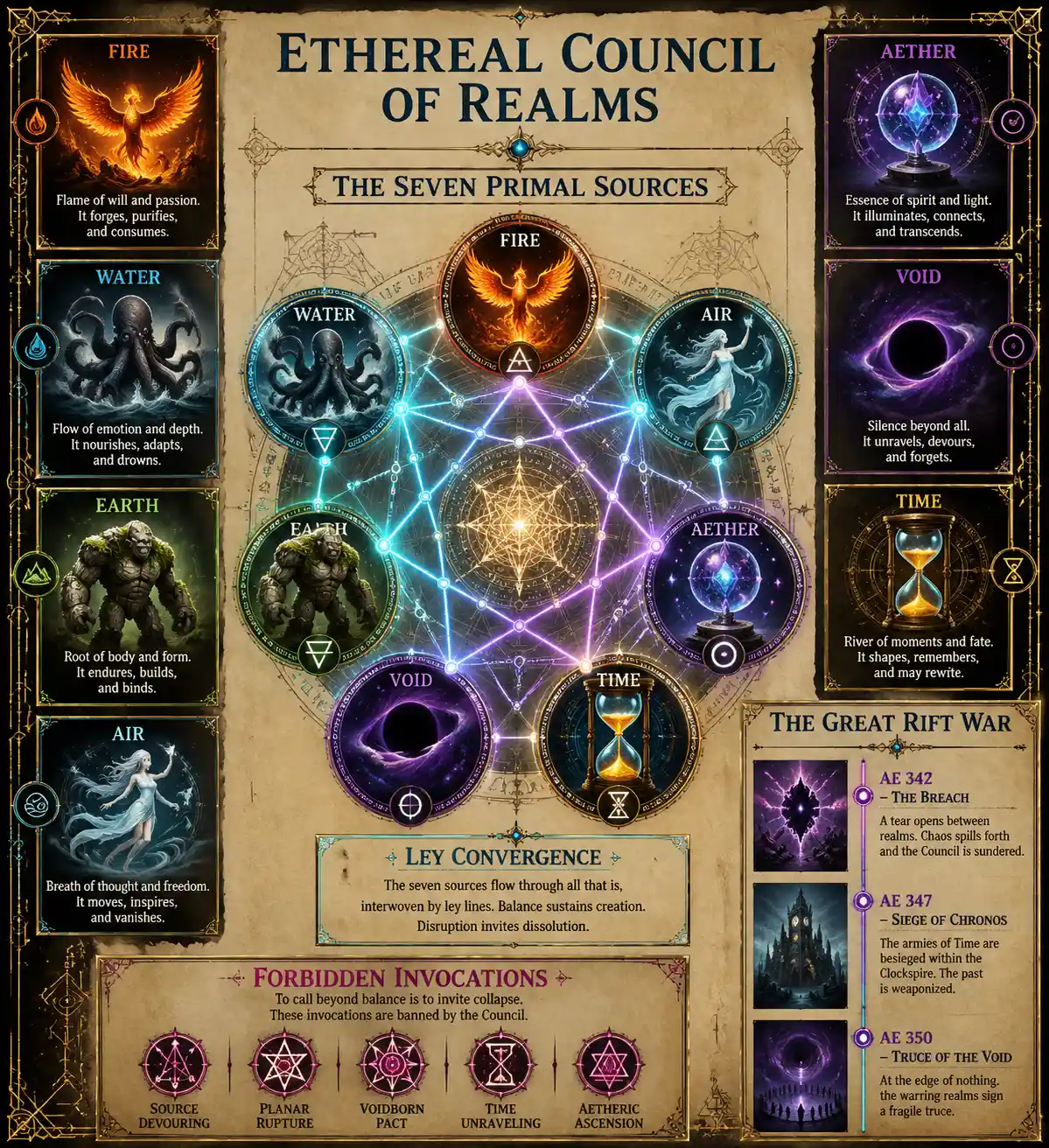 Ethereal council infographic of seven elemental planes diagram