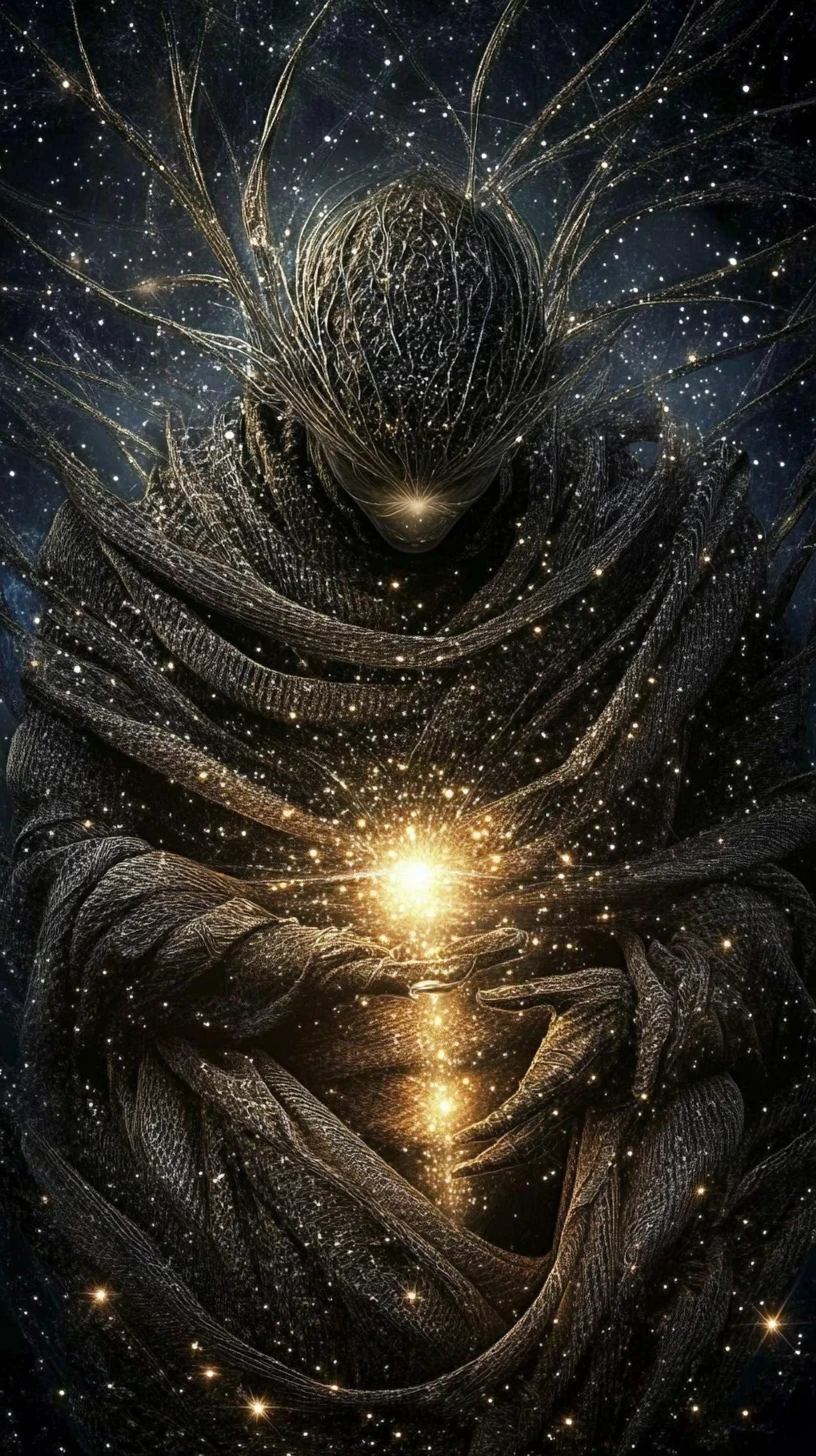 星空の下でやわらかく輝く蛍のような人型