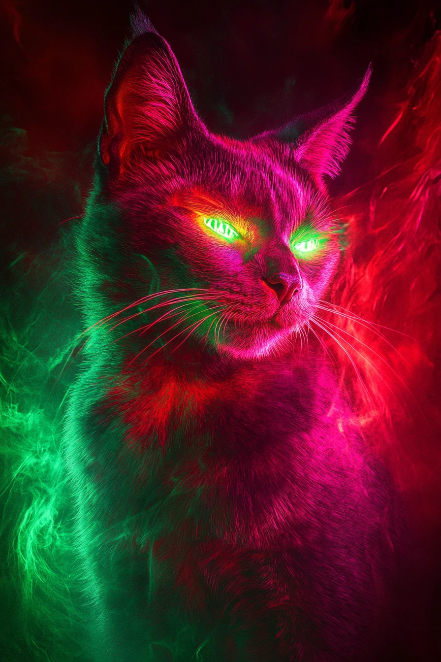 Chat criminel mystique brillant dans les teintes néon d’un temple