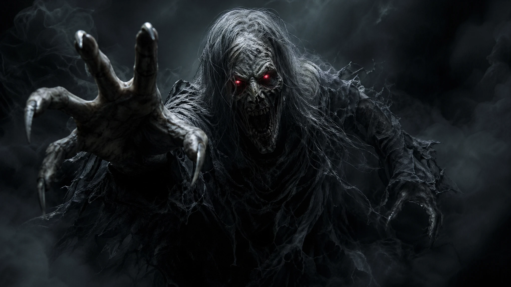 Fantasma hiper-realista aterrorizante com olhos vermelhos em chamas e garras