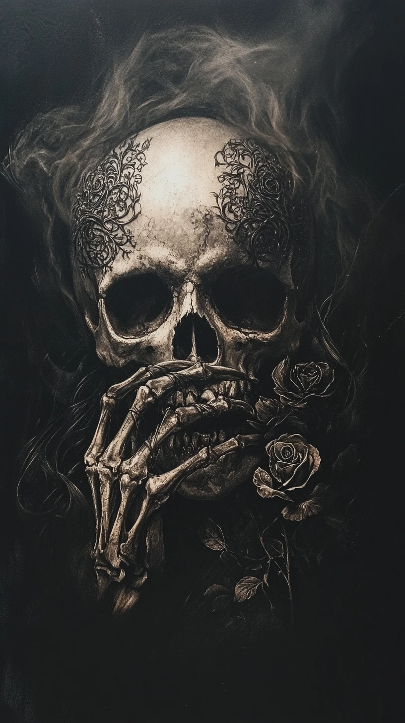Caveira gótica com mãos esqueléticas e rosas em flor