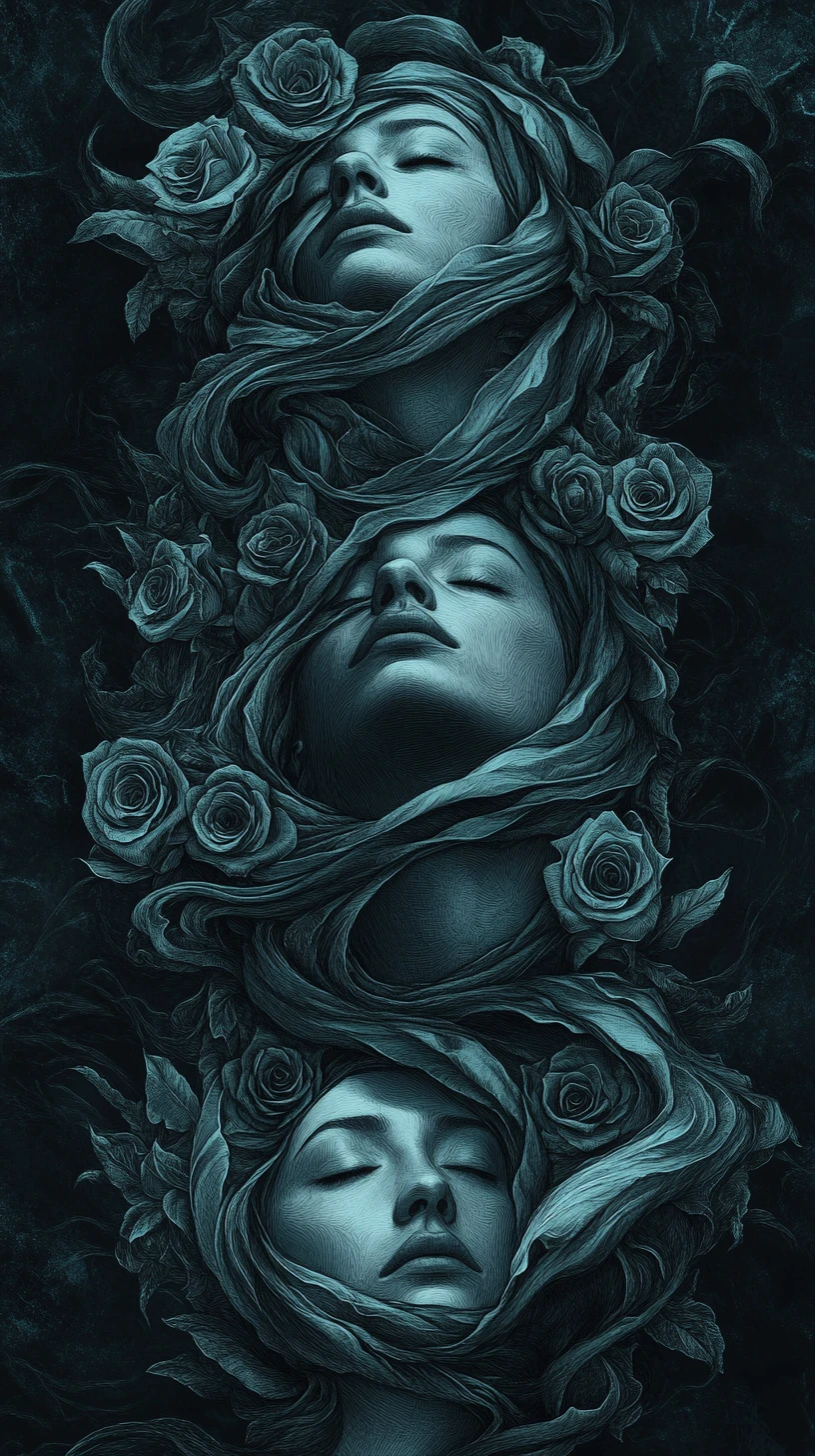 Vertical trio of women in flowing gothic spiral design