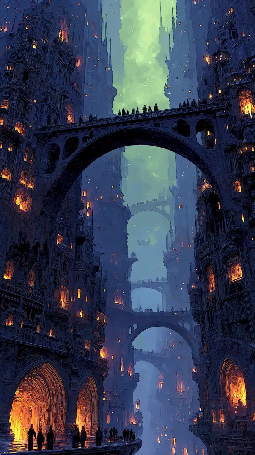Dunkle Fantasy-Stadt über einem unendlichen Abgrund