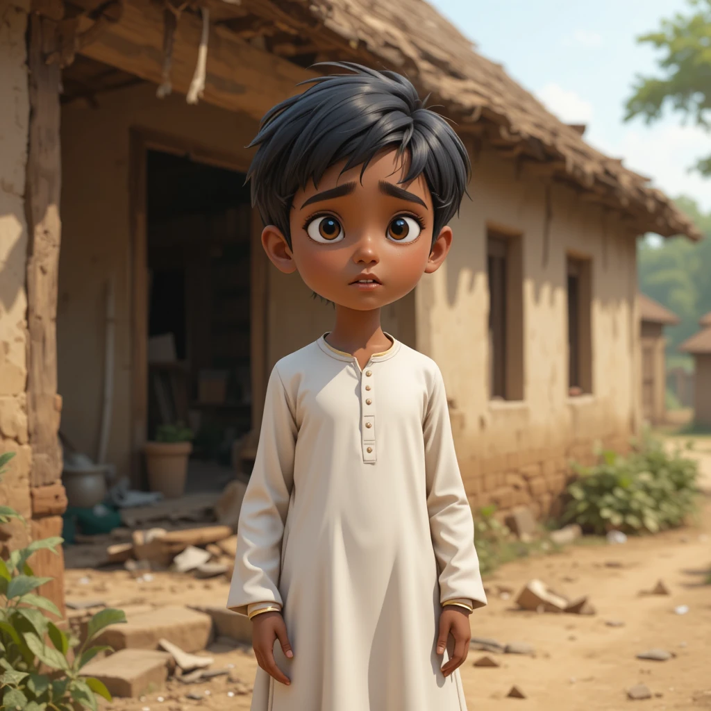 Jeune garçon de village triste en shalwar kameez blanc près d’une maison en ruine