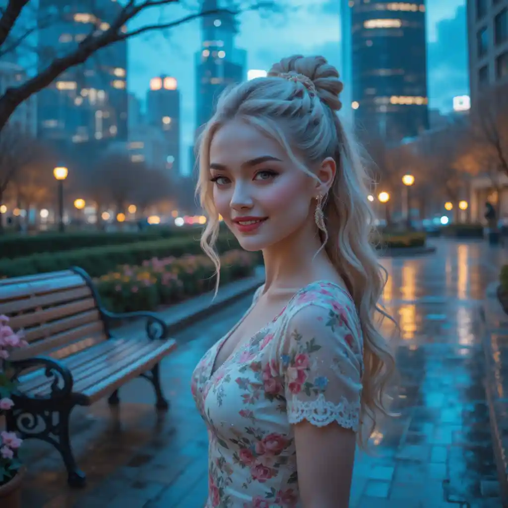 Joyful blonde woman in a cinematic night city park