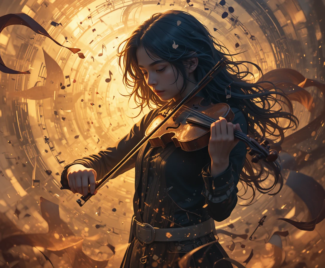 Jovem violinista em dupla exposição com notas musicais em espiral