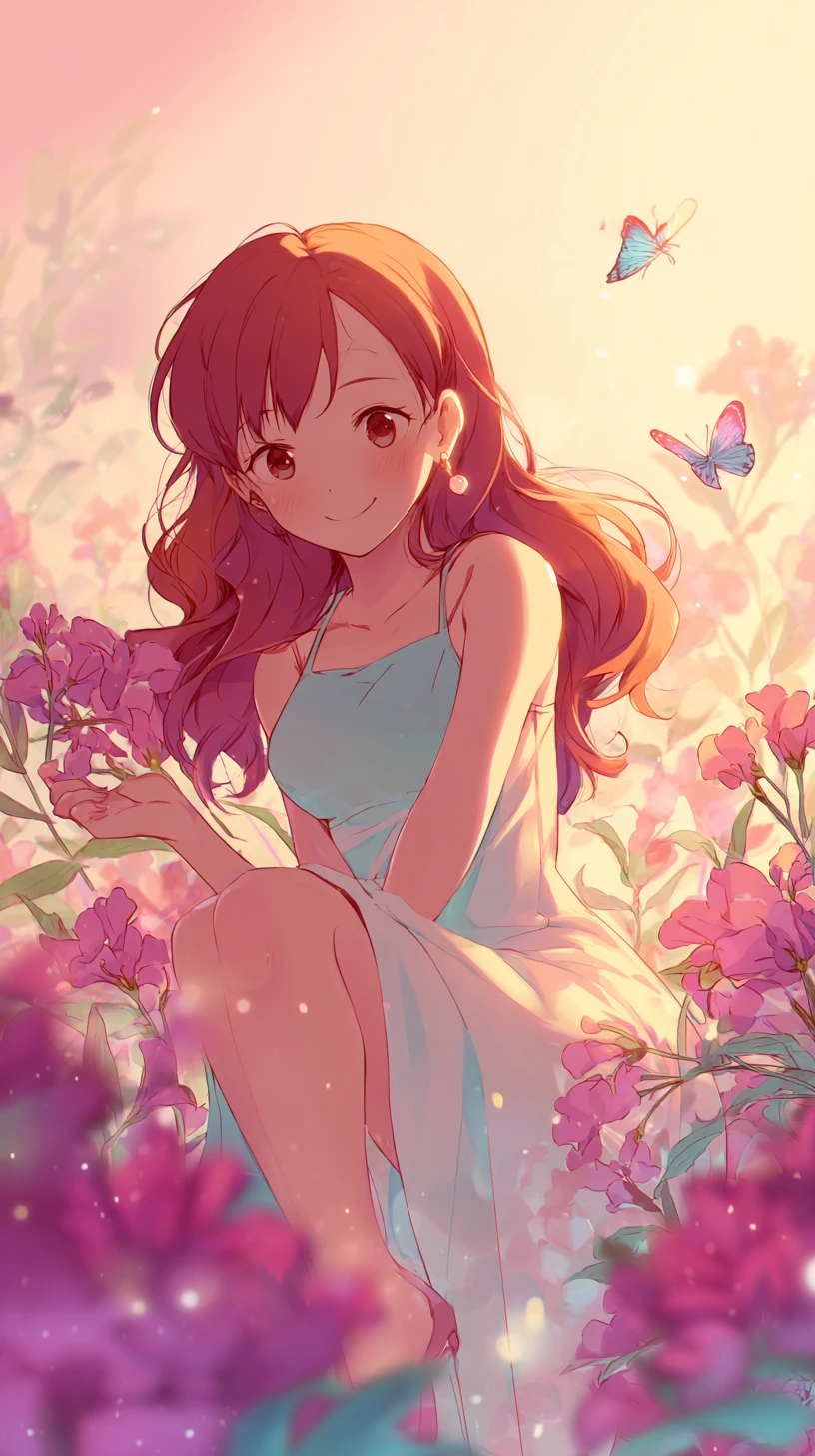Garota de anime em um campo de flores de cerejeira dos sonhos