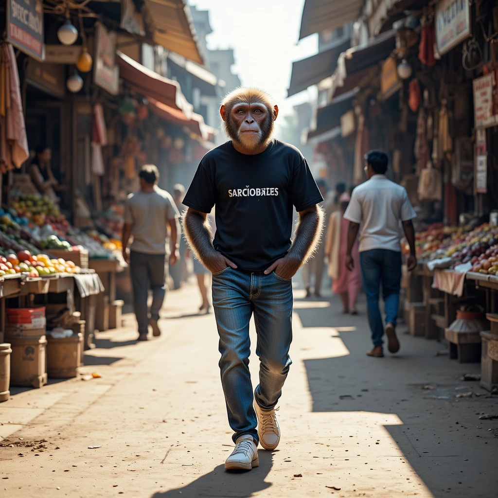 にぎやかなインドのストリートマーケットを歩くサル男