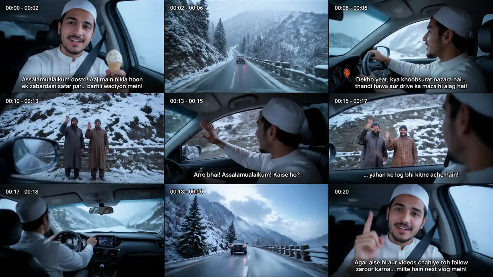 Jeune homme vloguant dans une voiture sur une route de montagne enneigée