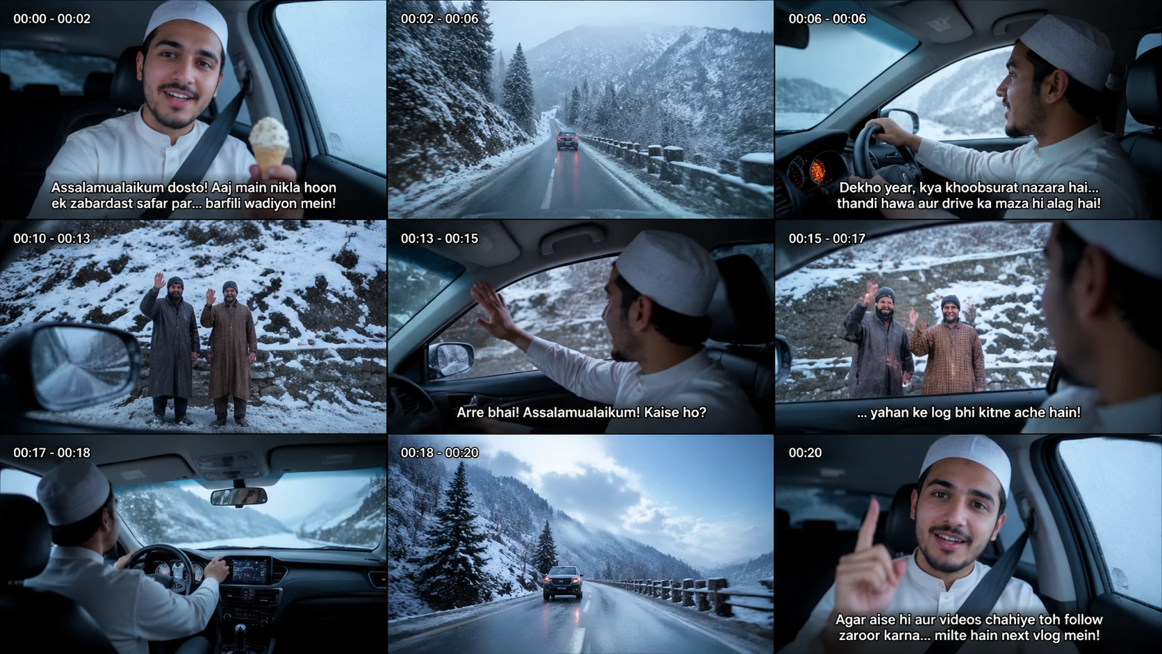 Jeune homme vloguant dans une voiture sur une route de montagne enneigée