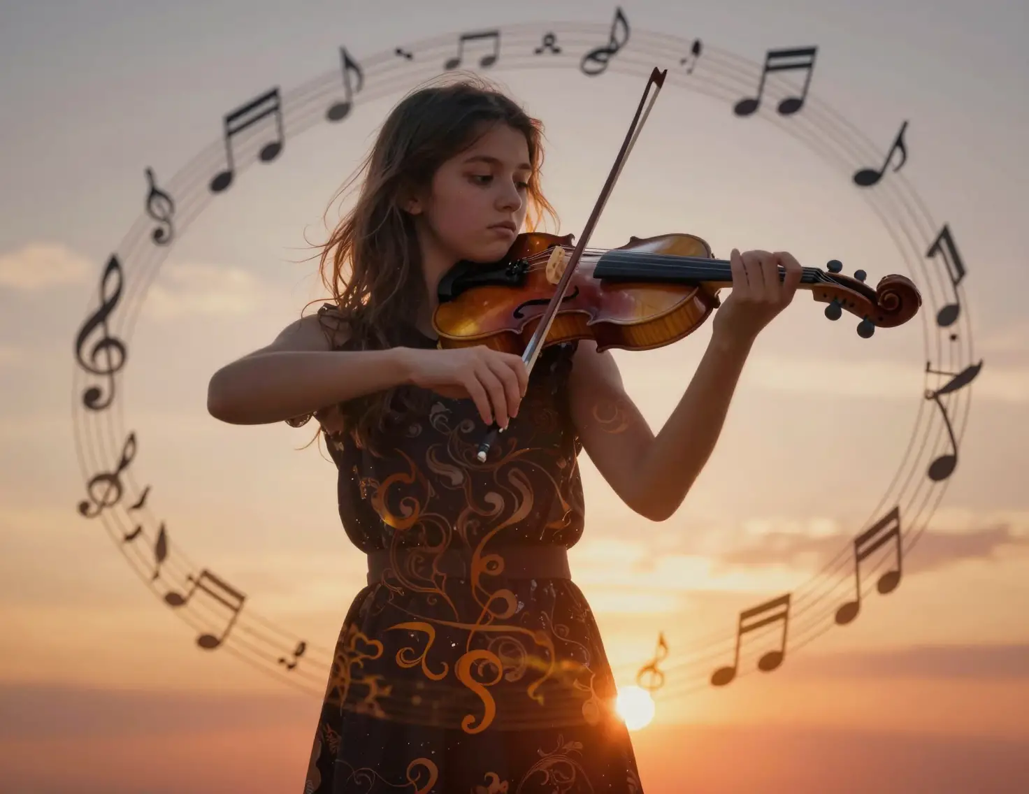 Passionate young violinist in swirling musical double exposure
