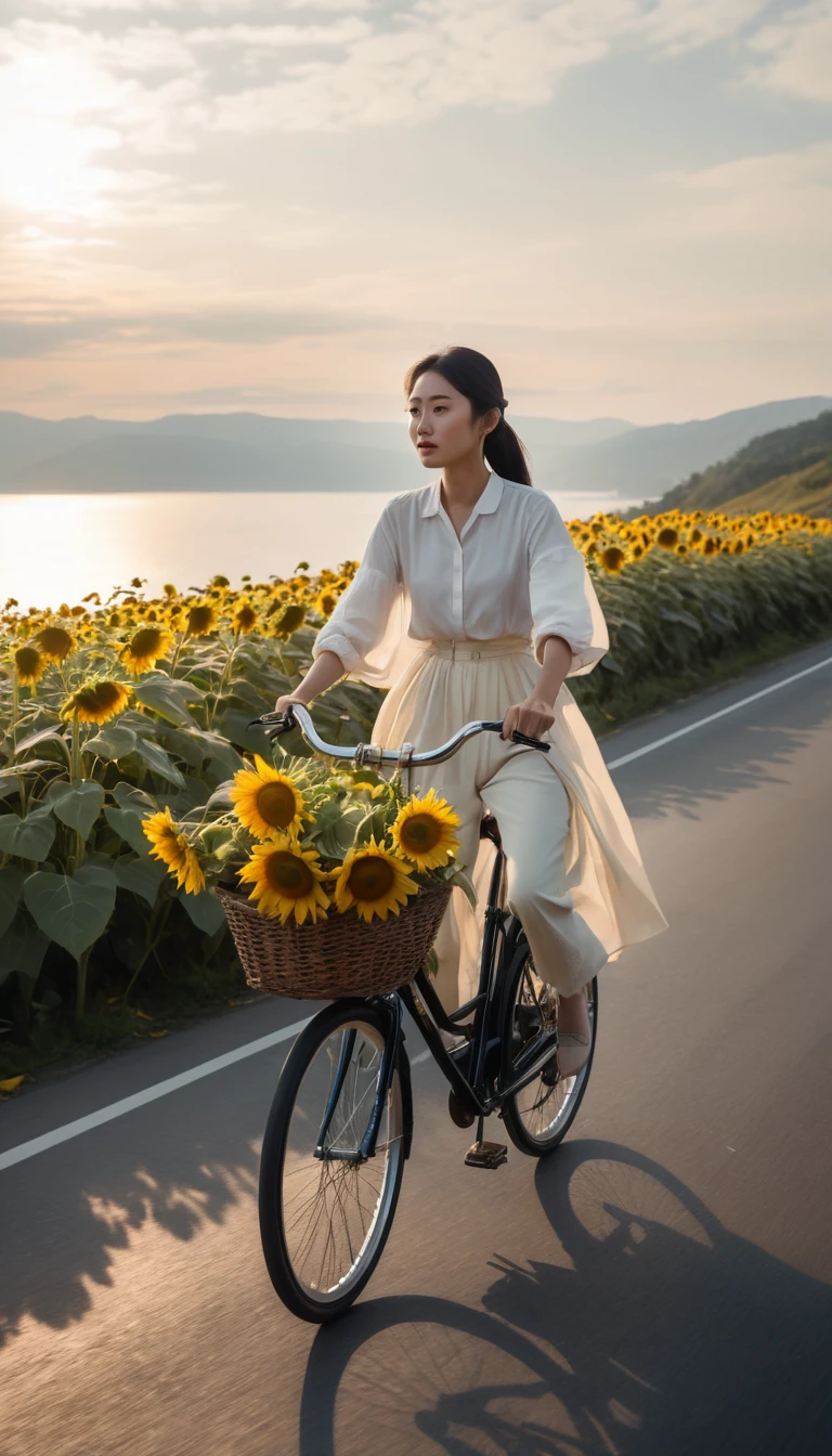 Woman cycling a mountain highway above a glowing sea of clouds