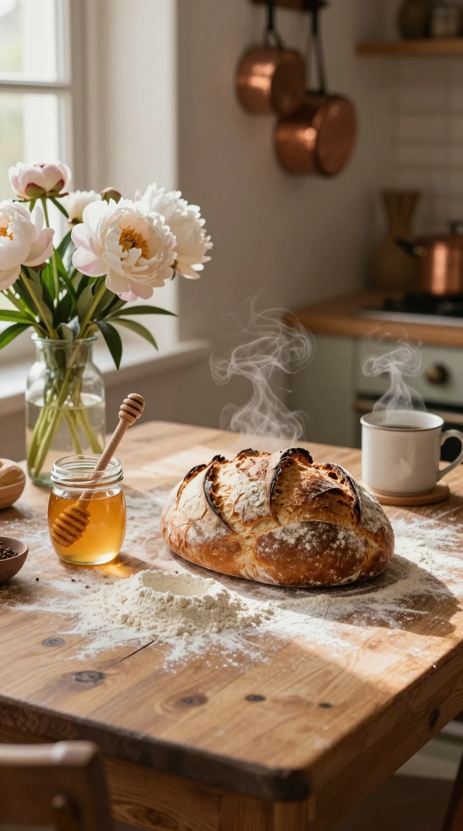 Mesa de Cozinha Rústica Aconchegante com Pão Fresco e Mel