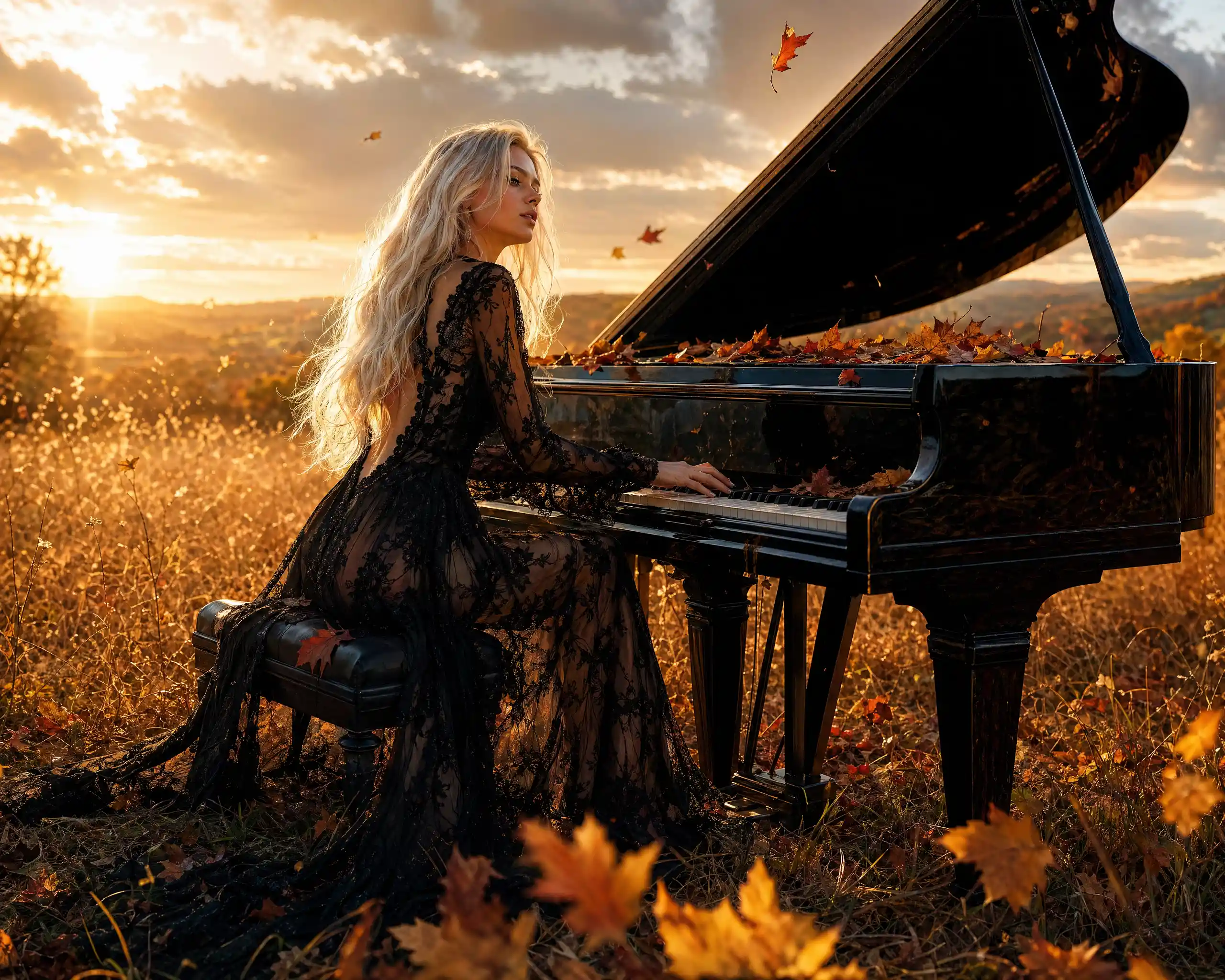 Woman playing grand piano in a golden autumn meadow