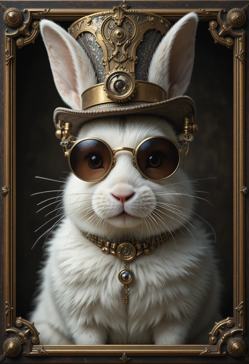 Retrato steampunk vitoriano de um coelho branco com cartola