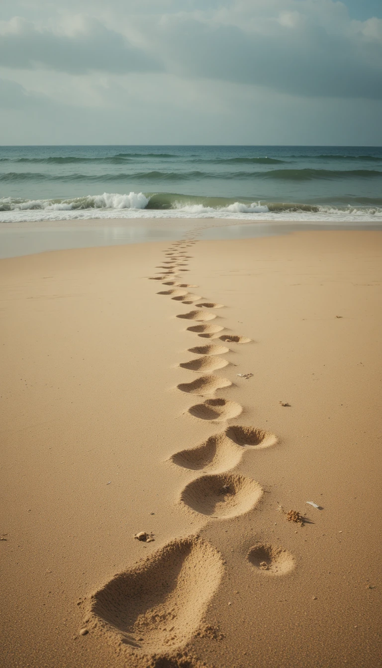 Praia vintage solitária com pegadas e ondas do mar suaves