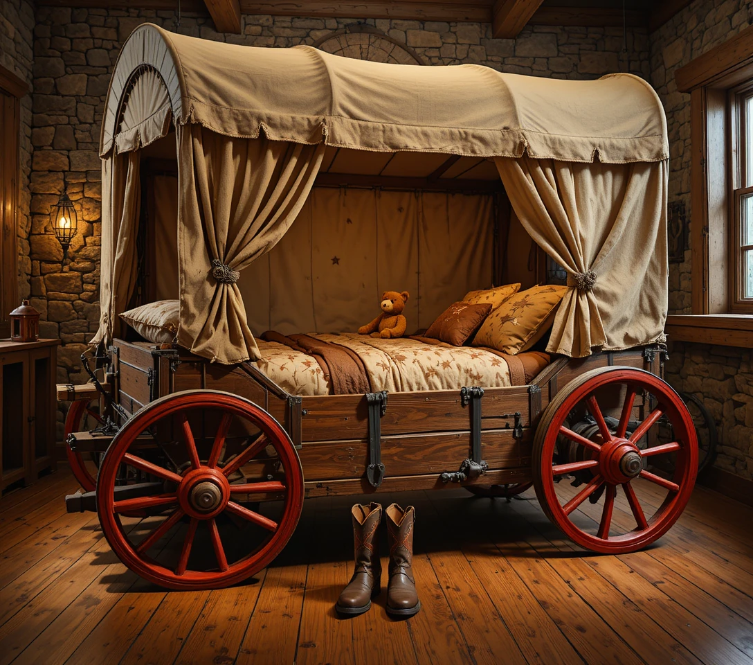 Accogliente letto a carro coperto con decorazioni in stile western