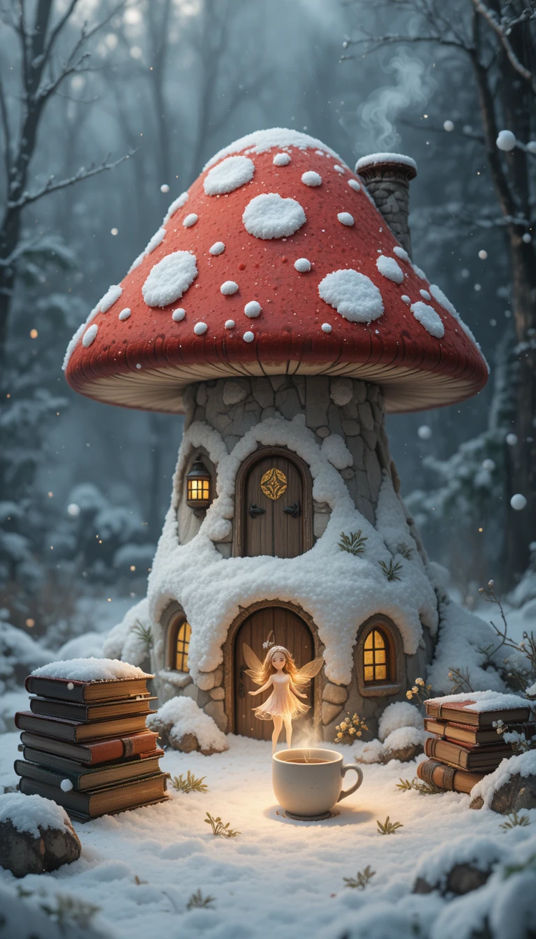 Gemütliches Pilzhaus, das in einem stillen Winterwald leuchtet