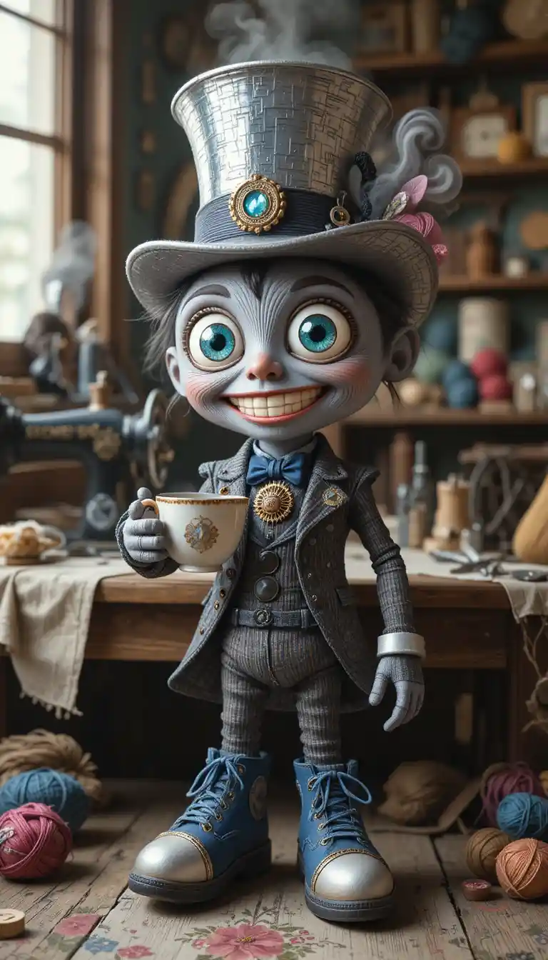 Fröhliche Steampunk-Figur aus Faden in einer gemütlichen Werkstatt